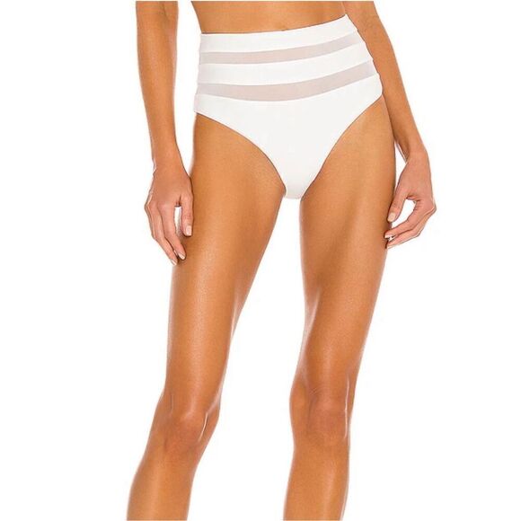 Lovers + Friends Cashel High Waist Bikini Bottom in White Sheer Mesh Stripes Che - Picture 2 of 13